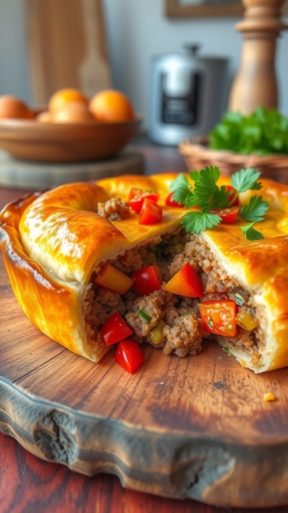 A golden crust skirt filled with meat and vegetables, served on a wooden table.